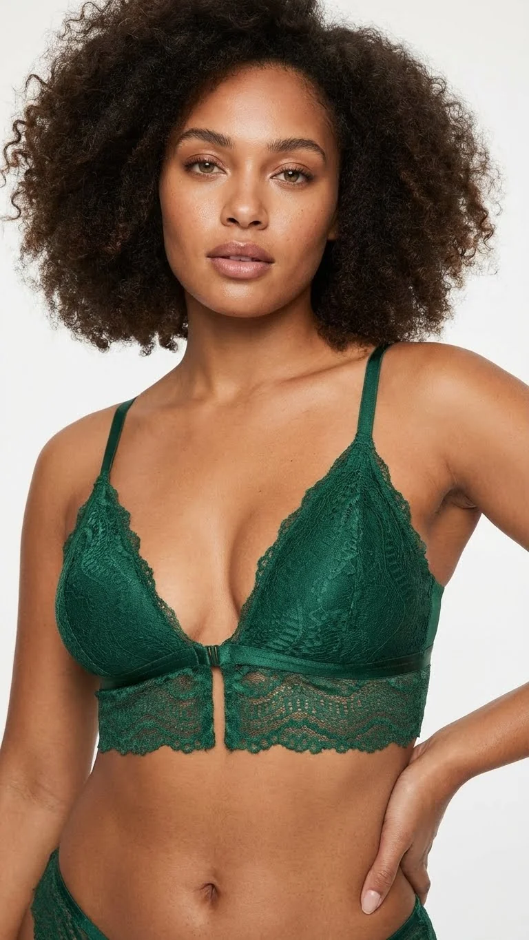 LunaIntim Zümrüt Dantelli Bralet Sütyen Desteksiz (Boş Kap) ve Balensiz Üçgen Model - Ön Görünüm